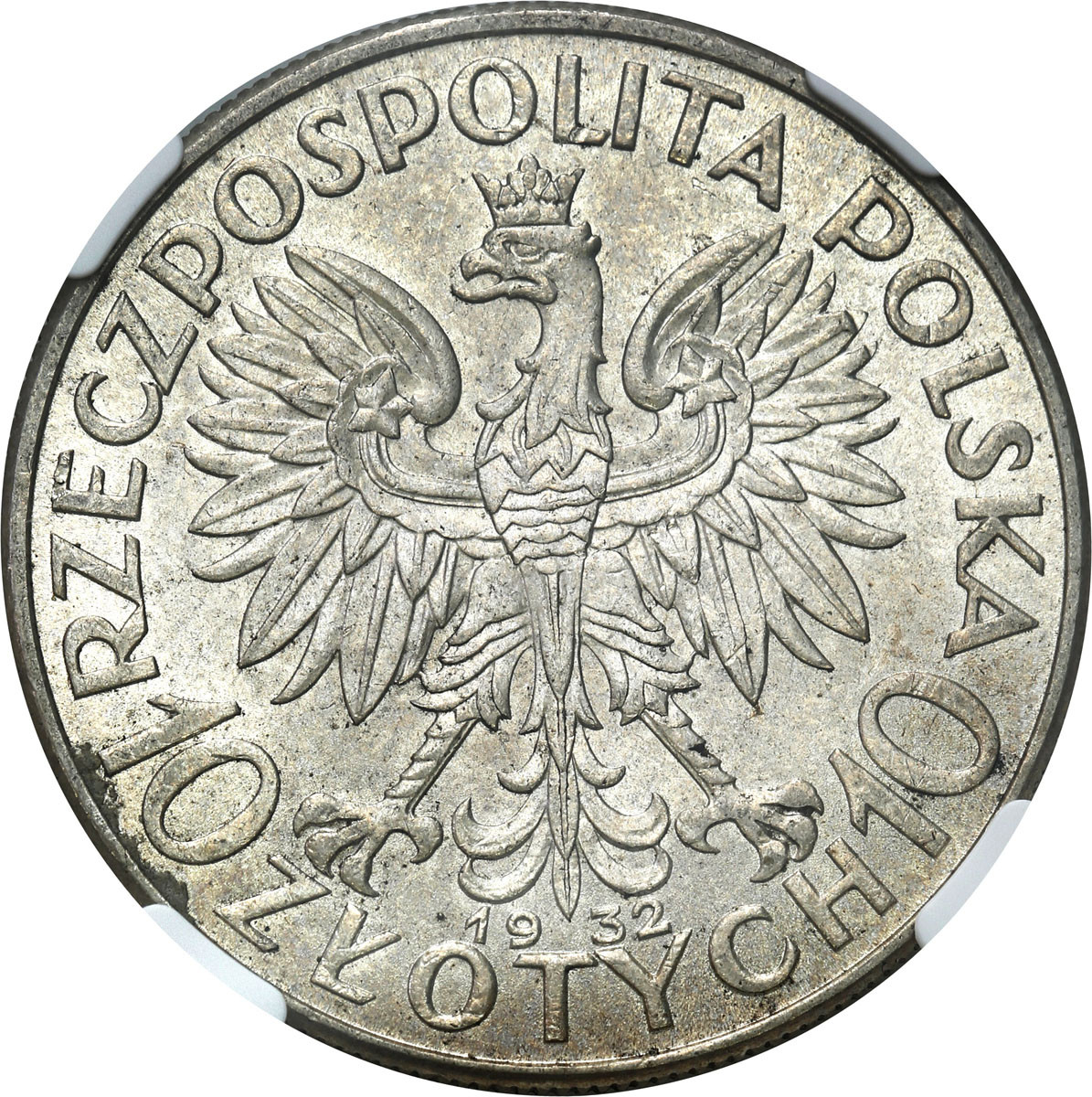 II RP. 10 złotych 1932 głowa kobiety (bez znaku), Londyn NGC MS62